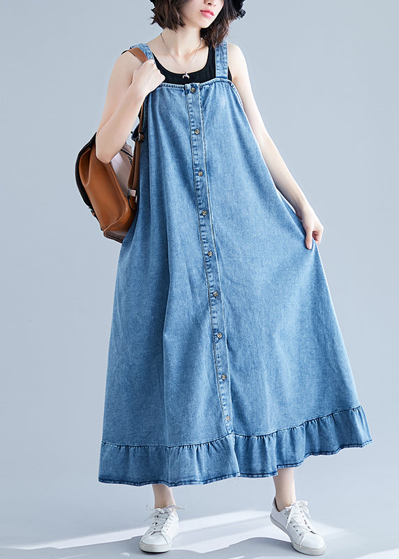 French Blue Ruffles Button Cotton Denim Strap Dress