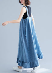 French Blue Ruffles Button Cotton Denim Strap Dress