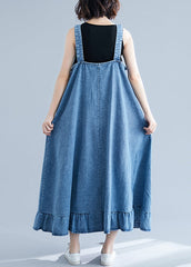 French Blue Ruffles Button Cotton Denim Strap Dress