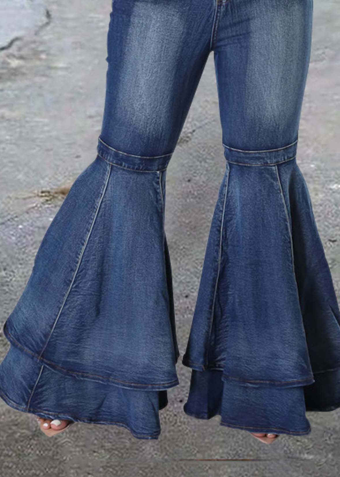 French Blue Ruffles Patchwork Denim Bell-bottom Trousers