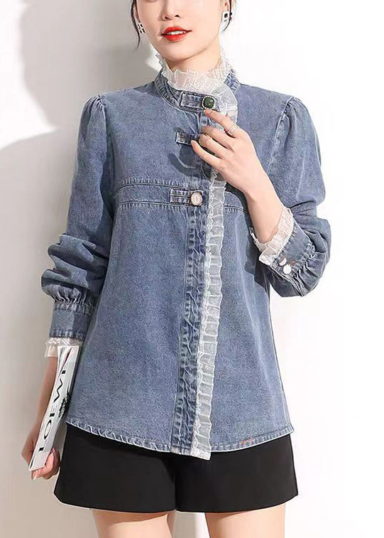 Französisch Blau Stehkragen Asymmetrische Patchwork Spitze Baumwolle Denim Mäntel