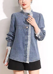 French Blue Stand Collar Asymmetrical Patchwork Lace Cotton Denim Coats Long Sleeve