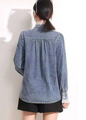 Französisch Blau Stehkragen Asymmetrische Patchwork Spitze Baumwolle Denim Mäntel