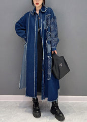 French Blue Turn-down Collar Patchwork Denim Fabric Coat