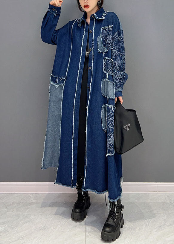 French Blue Turn-down Collar Patchwork Denim Fabric Coat