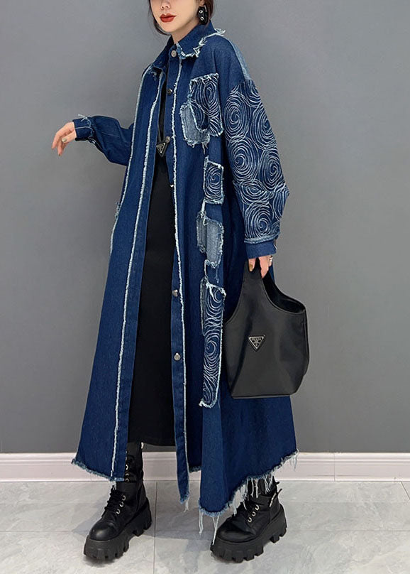 French Blue Turn-down Collar Patchwork Denim Fabric Coat