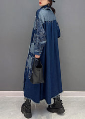 French Blue Turn-down Collar Patchwork Denim Fabric Coat