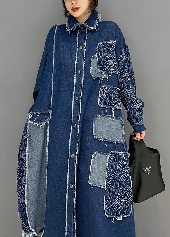 French Blue Turn-down Collar Patchwork Denim Fabric Coat