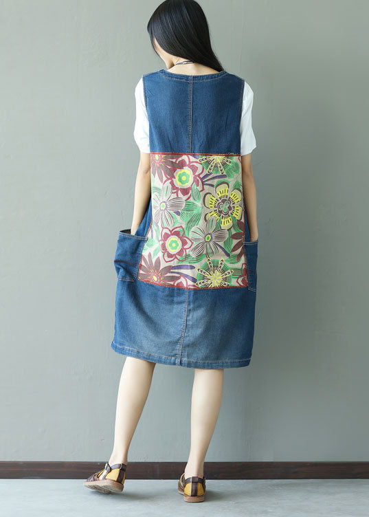 French Blue V Neck Patchwork Pockets Print Denim Vest Sleeveless