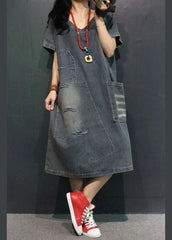 French Blue V Neck Pockets Hole Fall Half Sleeve Denim Vacation Dresses