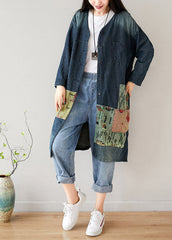 French Blue V Neck Pockets Patchwork denim coats