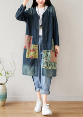 French Blue V Neck Pockets Patchwork denim coats