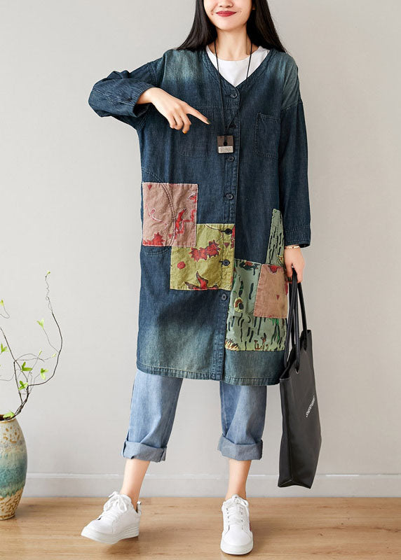 French Blue V Neck Pockets Patchwork denim coats