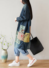 French Blue V Neck Pockets Patchwork denim coats