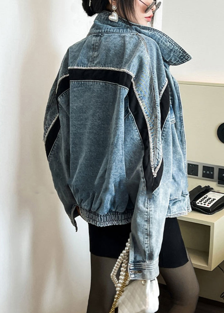 French Blue Zippered Zircon Patchwork Denim Coat Fall