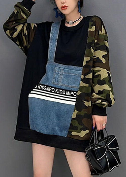 French Camouflage Asymmetrical Patchwork Denim Cotton Loose Sweatshirts Top Fall