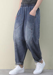 French Dark Blue Elastic Waist Pockets Patchwork Cotton Denim Pants