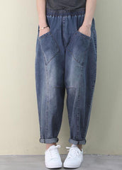 French Dark Blue Elastic Waist Pockets Patchwork Cotton Denim Pants