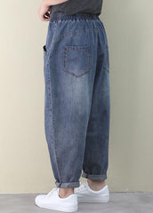 French Dark Blue Elastic Waist Pockets Patchwork Cotton Denim Pants