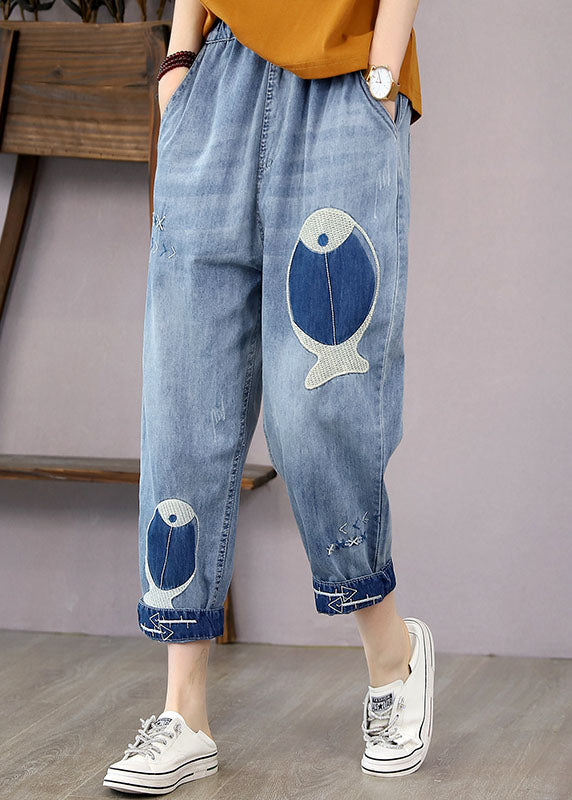 French Denim Blue Elastic Waist Fish Embroideried Pockets Cotton Harem Pants