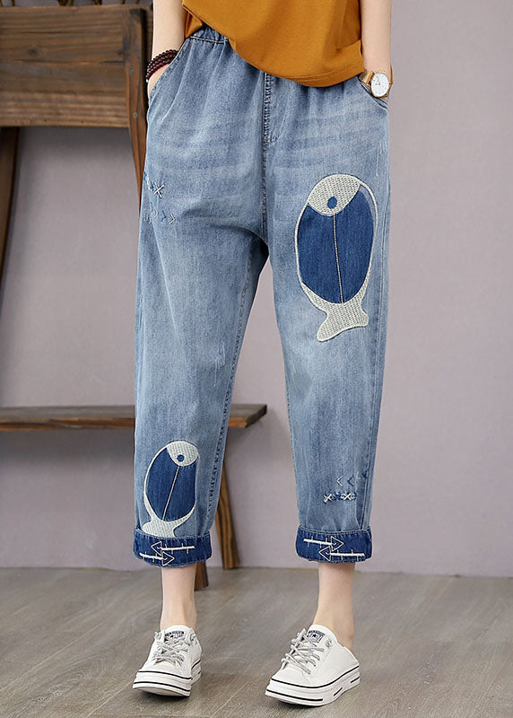 French Denim Blue Elastic Waist Fish Embroideried Pockets Cotton Harem Pants