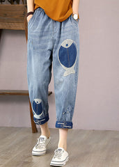 French Denim Blue Elastic Waist Fish Embroideried Pockets Cotton Harem Pants