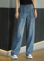 French Denim Blue Elastic Waist Pockets Cotton Straight Pants