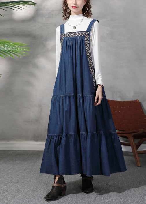 French Denim Blue Embroideried Exra Large Hem Cotton Strap Dress