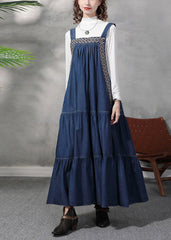 French Denim Blue Embroideried Exra Large Hem Cotton Strap Dress