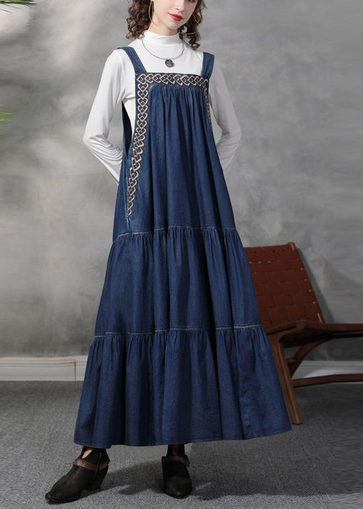 French Denim Blue Embroideried Exra Large Hem Cotton Strap Dress