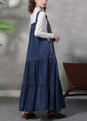 French Denim Blue Embroideried Exra Large Hem Cotton Strap Dress