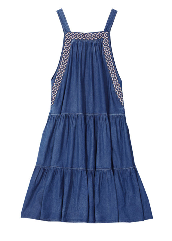 French Denim Blue Embroideried Exra Large Hem Cotton Strap Dress