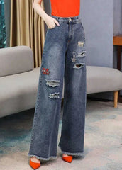 French Denim Blue High Waist Hole Embroideried Pockets Cotton Wide Leg Pants