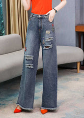 French Denim Blue High Waist Hole Embroideried Pockets Cotton Wide Leg Pants