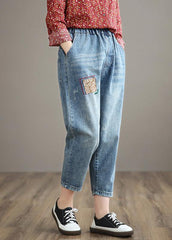 French Denim Blue High Waist Plus Size Clothing Elastic Waist Patchwork Trousers