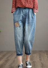 French Denim Blue High Waist Plus Size Clothing Elastic Waist Patchwork Trousers