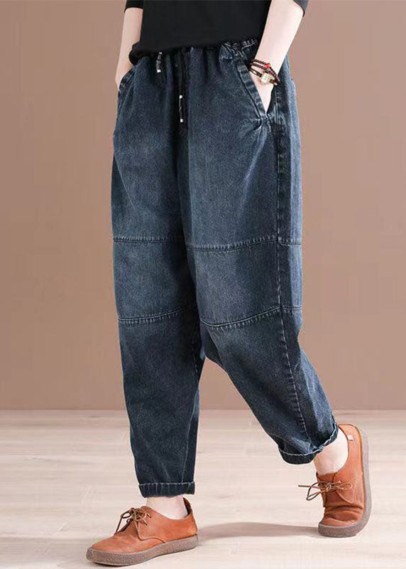 French Denim Blue High Waist Pockets Patchwork Cotton Harem Pants