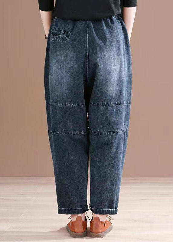 French Denim Blue High Waist Pockets Patchwork Cotton Harem Pants