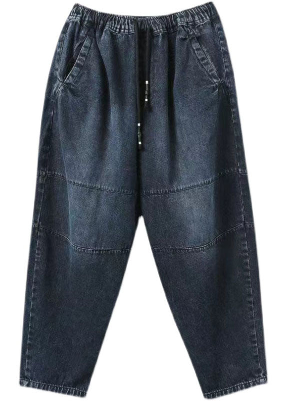 Pantalones harén de algodón con parches y bolsillos de cintura alta en denim azul francés