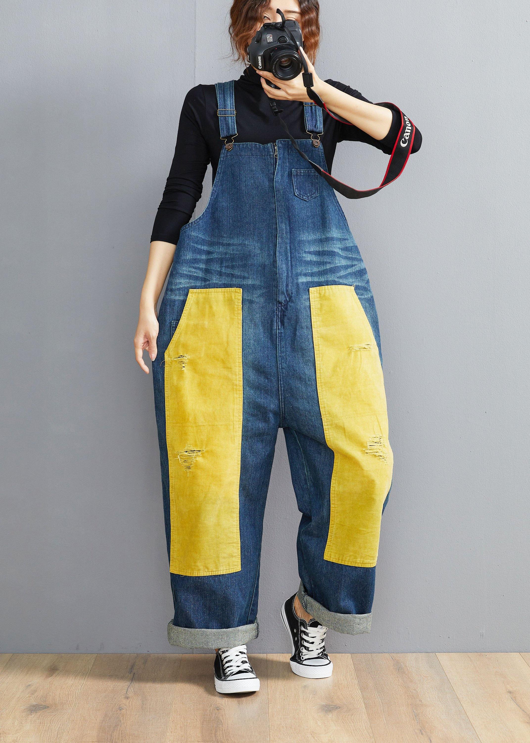 French Denim Blue Jeans's Patchwork Jumpsuit Pants