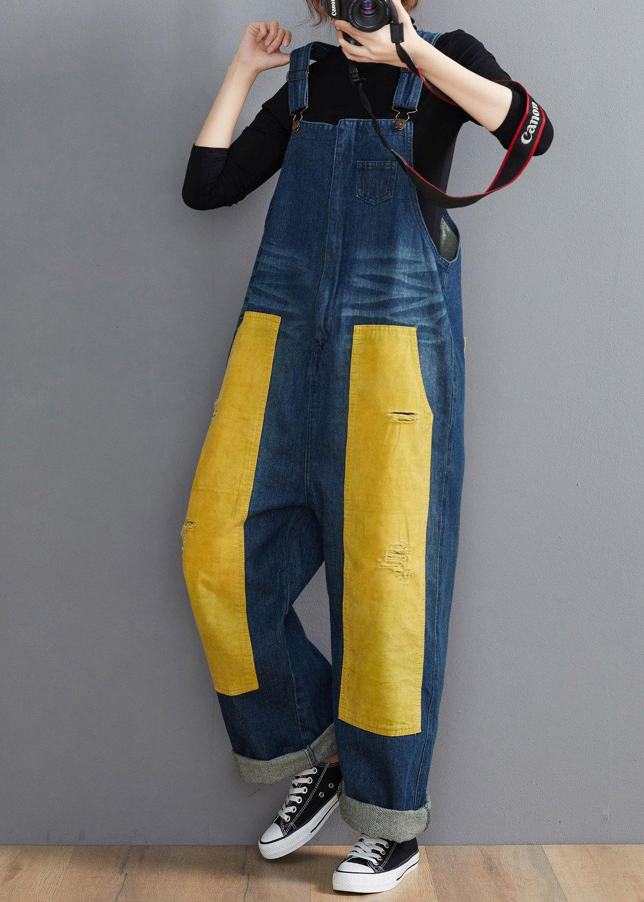 French Denim Blue Jeans's Patchwork Jumpsuit Pants