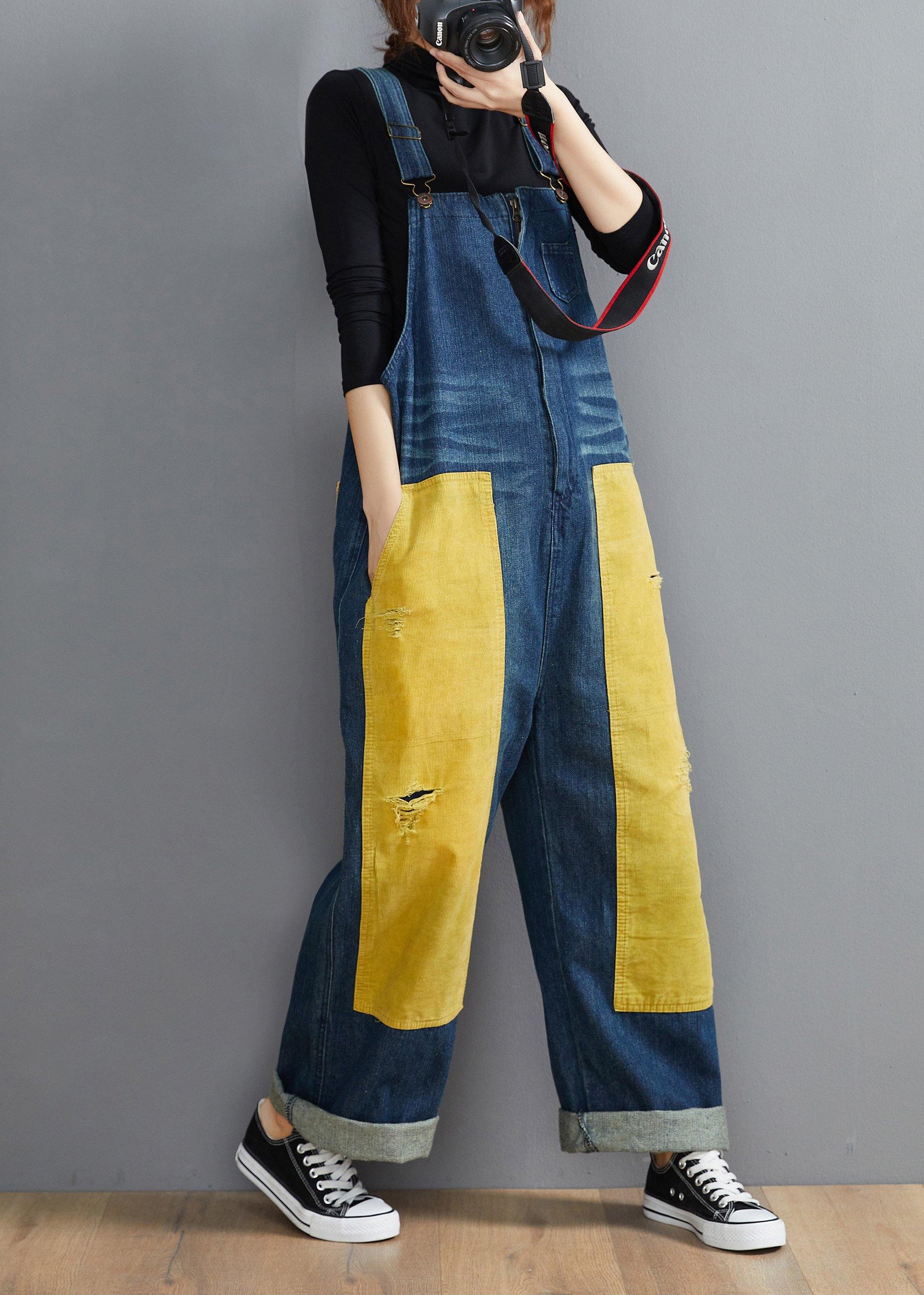 French Denim Blue Jeans's Patchwork Jumpsuit Pants