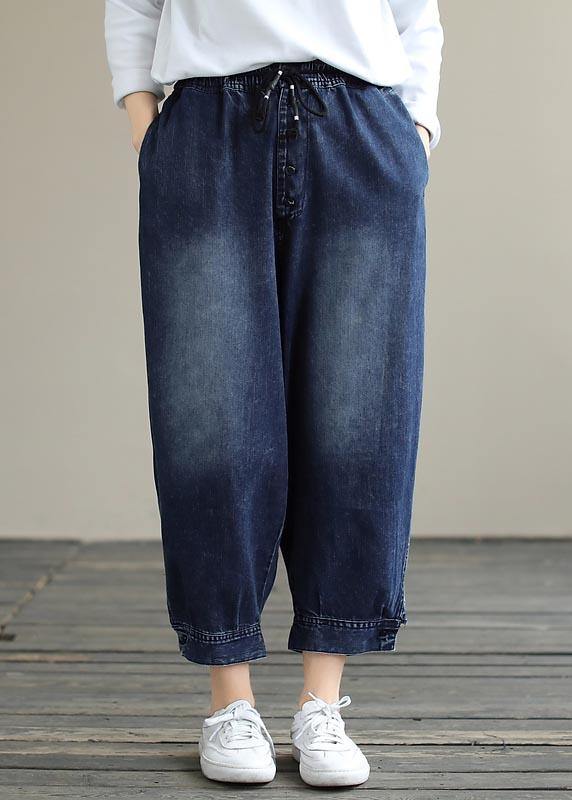 French Denim Blue Pants Plus Size Elastic Waist Pockets Inspiration Pants