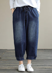 French Denim Blue Pants Plus Size Elastic Waist Pockets Inspiration Pants