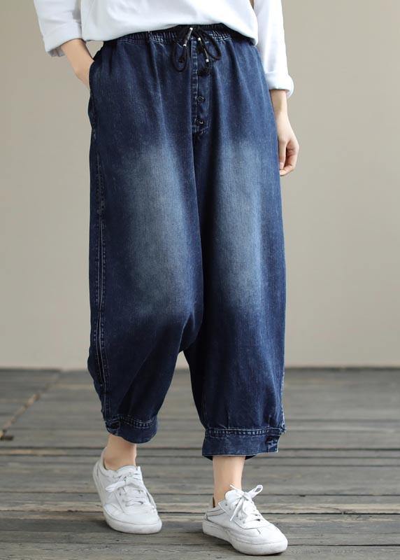 Französische Denim-Blau-Hose Plus Size Elastische Taille Taschen Inspiration Hose