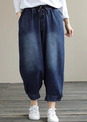 French Denim Blue Pants Plus Size Elastic Waist Pockets Inspiration Pants