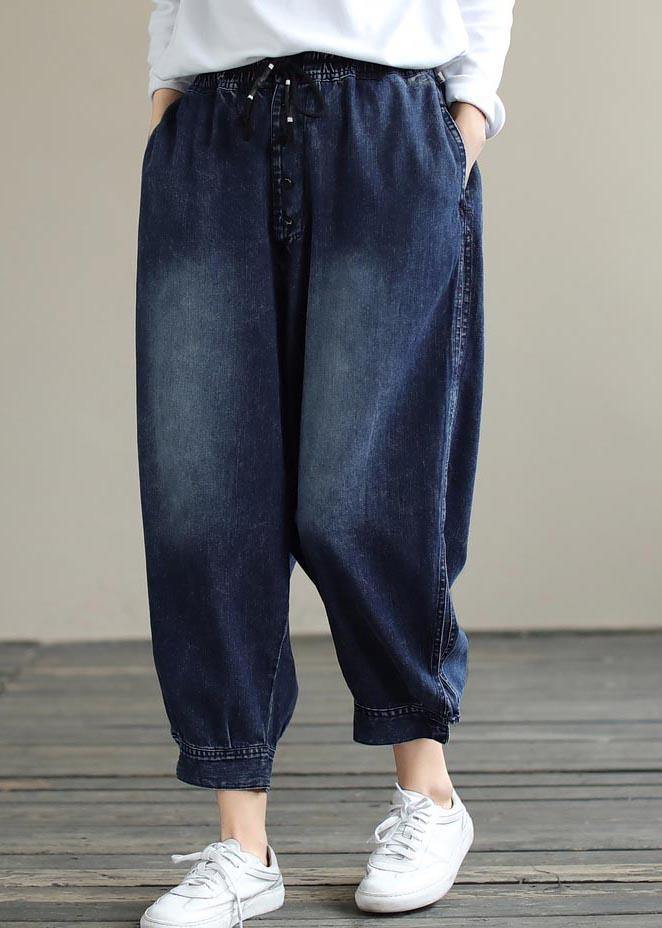 French Denim Blue Pants Plus Size Elastic Waist Pockets Inspiration Pants