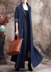 French Denim Blue Peter Pan Collar Patchwork Tassel Cotton Trench Coats Long Sleeve