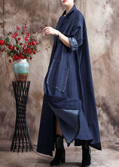 French Denim Blue Peter Pan Collar Patchwork Tassel Cotton Trench Coats Long Sleeve