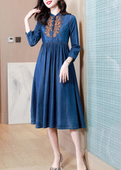 French Denim Blue V Neck Embroideried Patchwork Elastic Waist Cotton Long Dresses